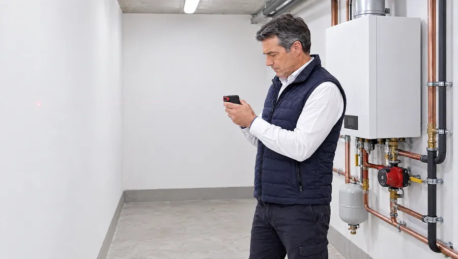El Ingeniero de Estudio TREO mide con un medidor láser la sala de calderas del subsuelo de un edificio, mirando la pantalla del equipo